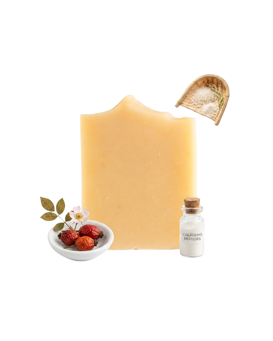🧼 JABÓN ARTESANAL COLÁGENO HIDROLIZADO, ACEITE DE ARROZ & ROSA MOSQUETA(Piel Madura)