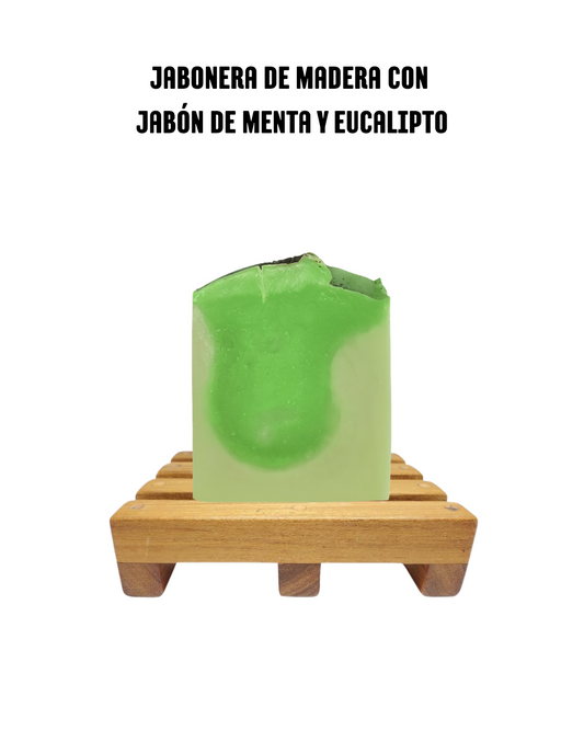 Jabón de Menta y Eucalipto con Jabonera de Madera. Incluye bolsa de Regalo